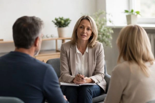 Couple discussing financial arrangement , pensions in divorce Gloucestershire